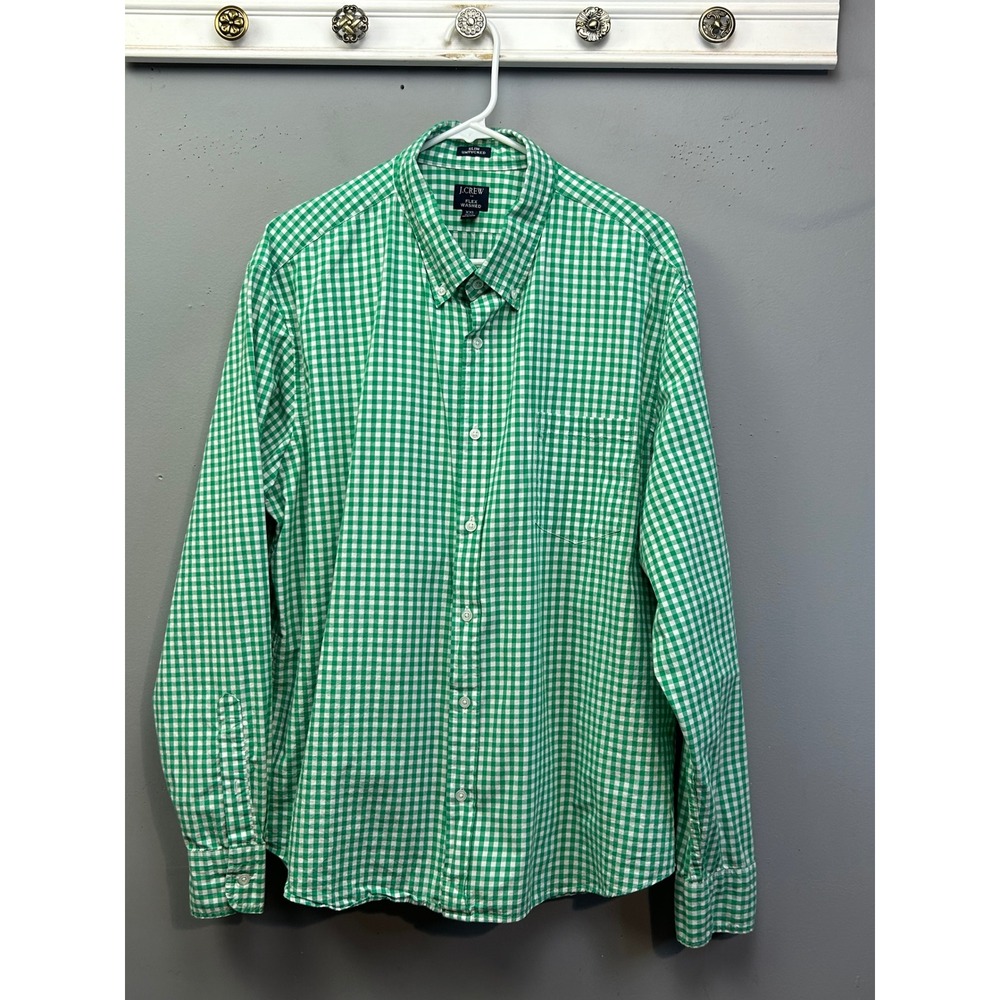 J.Crew Button Down Mens XXL‎ Green Gingham Flex Washed Slim Untucked  Shirt